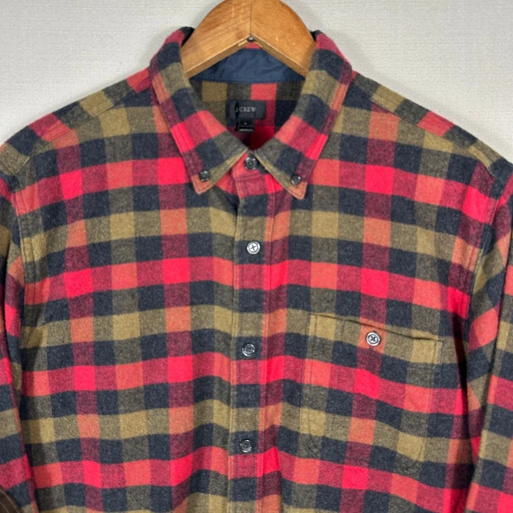 J. Crew Flannel Shirt Mens Large Red Plaid Excellent Cotton Wool Elbow Patches